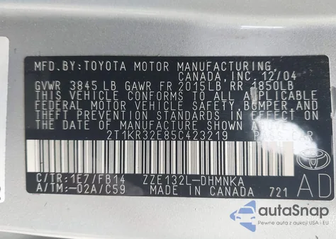 2005 Toyota Matrix Xr из США, поврежденный, VIN 2T1KR32E85C423219